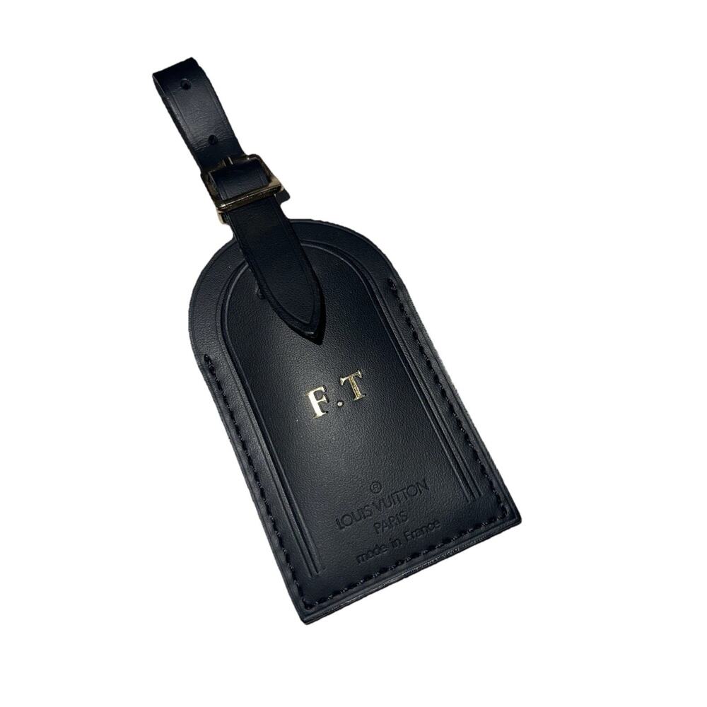 Louis Vuitton Black Leather Name Tag w/ F T Initials Goldtone Large 🇫🇷